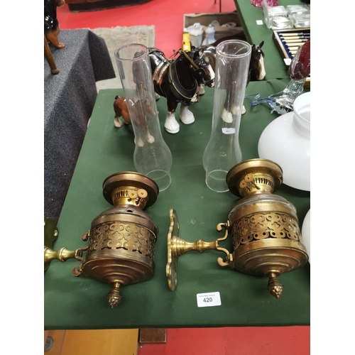 420 - Pair of vintage brass oil wall lights