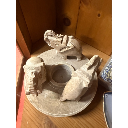 63 - Hand Carved Stone Elephant Figures with Tray (Small Damage to 1 Elephant)