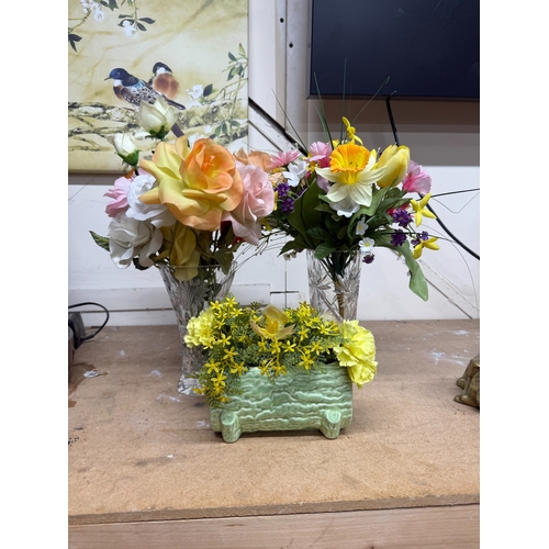 72 - 3 Artificial Flowers 2 Vases 1 Pot