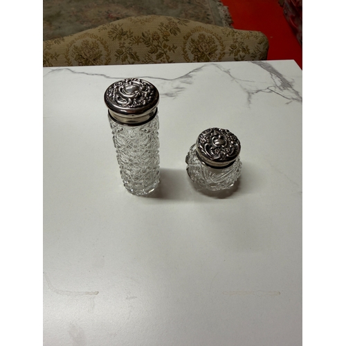 296 - Cut Crystal Vanity Set With Silver Top Perfume Bottle And Powder Jar