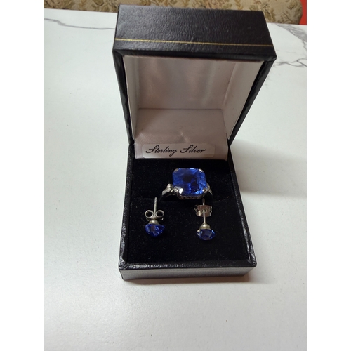 299 - Sterling Silver With Blue Stone Ring And Earring Set