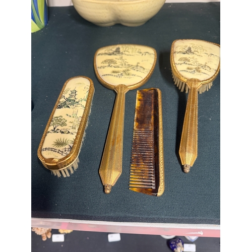 2 - Gold Tone Vanity Set with Decorative Pattern