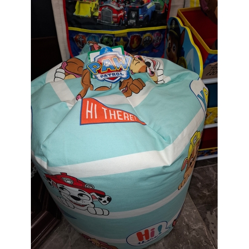 118 - Paw Patrol Bundle. Bean Bag, Car Tidy, Game, Small Fleece Blanket, Chase Soft Teddy, Toy Tidy Unit. ... 