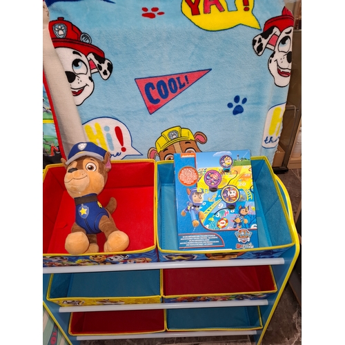 118 - Paw Patrol Bundle. Bean Bag, Car Tidy, Game, Small Fleece Blanket, Chase Soft Teddy, Toy Tidy Unit. ... 