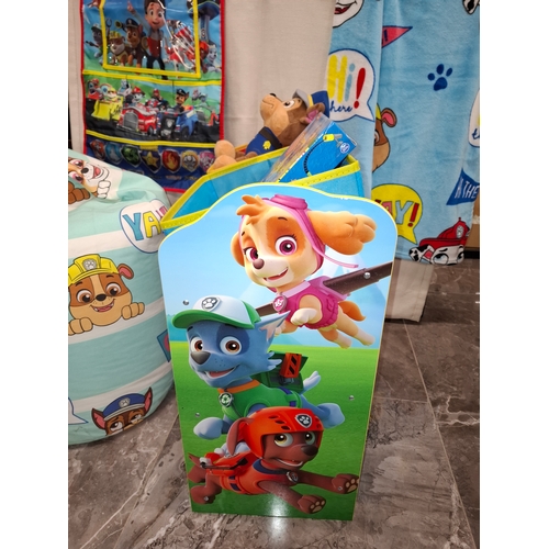 118 - Paw Patrol Bundle. Bean Bag, Car Tidy, Game, Small Fleece Blanket, Chase Soft Teddy, Toy Tidy Unit. ... 