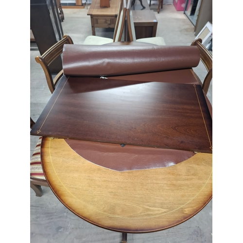 29 - Large Extendable (Insert Piece included) Wooden Dining Table, on Wheels, With 4 Fabric Seated Chairs... 