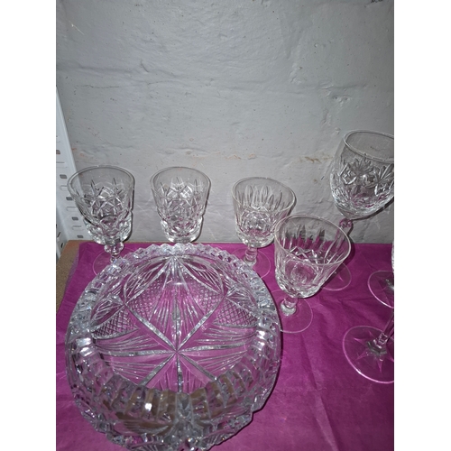 55 - Job Lot of Crystal Cut Glasses, Candle Holders, Vases & A Bowl