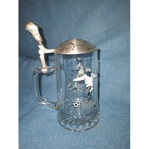 116 - New - Beer Stein Pewter Football Handle & Lid Glass Mug