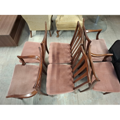 229 - G Plan, Mahogany Framed Fabric Seat Dining Chairs, 2 x Carvers 4 x Standard All Wide Seat Area.