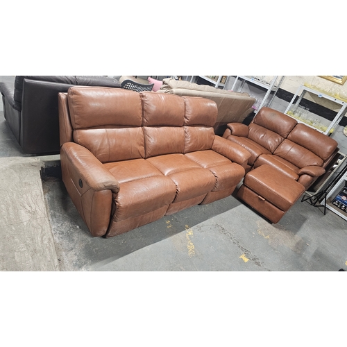 239 - Tan Leather Recliner Sofa's, 2 & 3 Seater and Footstall, USB Ports, Overall Good Condition