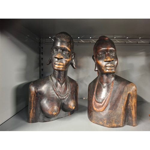 60 - African Tribal Hand Carved Pair Of Busts