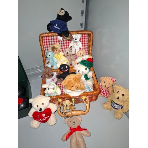 80 - Basket Full of Small & Miniature Collectable Teddy Bears, Some Considered Vintage, Others Collec... 