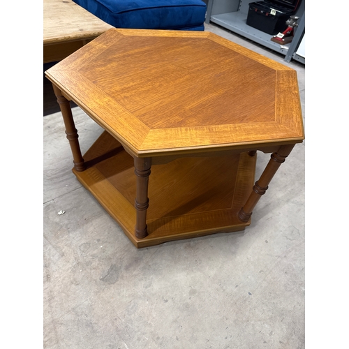 86 - Vintage Legate Hexagonal Oak Coffee Table. Very Sturdy Table With Shelf Underneath.