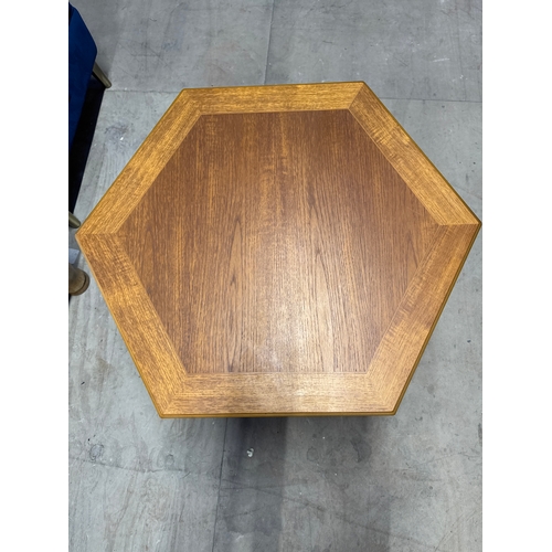 86 - Vintage Legate Hexagonal Oak Coffee Table. Very Sturdy Table With Shelf Underneath.