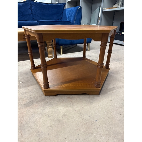 86 - Vintage Legate Hexagonal Oak Coffee Table. Very Sturdy Table With Shelf Underneath.