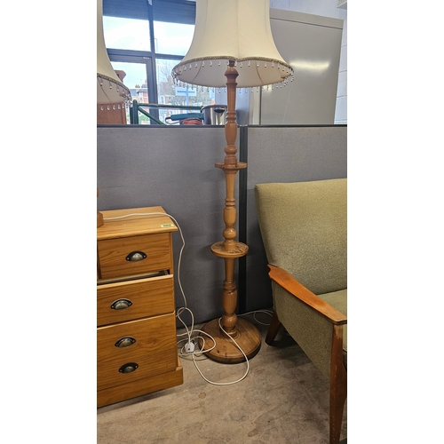 106 - Beautiful Wooden Tall Lamp with Sit on Lampshade, Stands approximately 150cm high, Function tested a... 