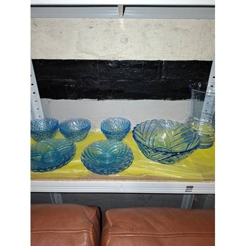 119 - BELGOUIE - Stunning Art Deco Ice Blue Colour Summer Glass Set Compromising of 1 Large Bowl 6 x Side ... 