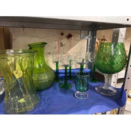 62 - Assortment Of Green Glassware. - Vintage Green Tinted Glass Vase With A Twisted Design- Green Patter... 