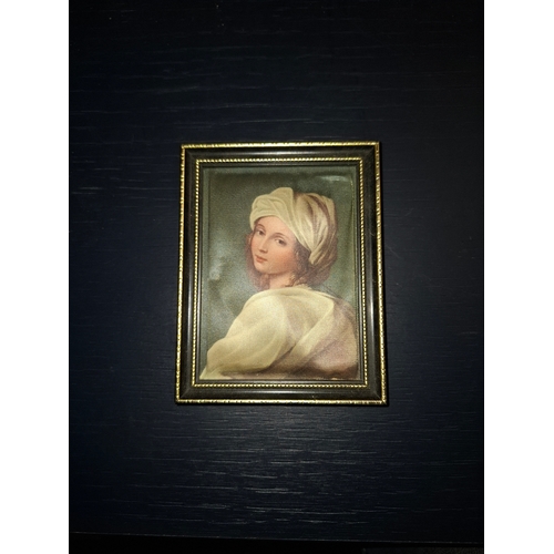 88 - 3 Minature Silk Framed Pictures, 1 The Holy Shepherd by B. E. Murillo, 1 Beatrice Cenci By Reni Guid... 