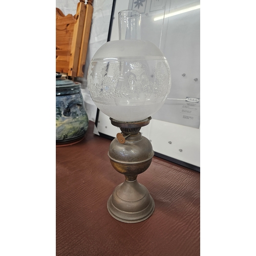 108 - Antique Brass Oil Lamp with Round Etched Glass Shade, Good Condition for age.