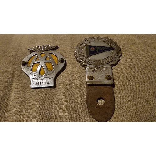 3 - Vintage Metal Car Badges, Royal Aero Club of the United Kingdom and AA Membership Badge, Good Condit... 