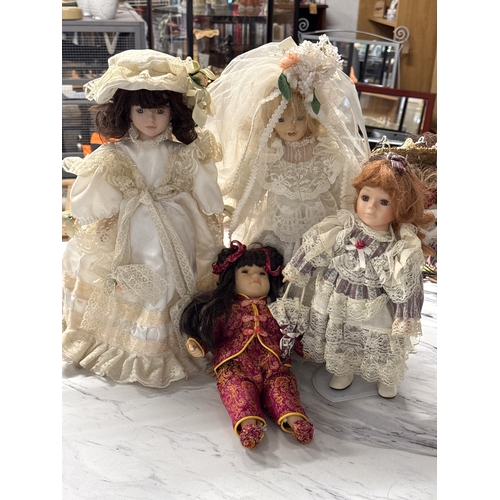 2 - Set Of 4 x Vintage Porcelain Dolls, All Beautifully Dressed. 3 With Display Stands