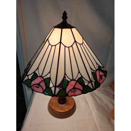 13 - Beautiful Vintage Tiffany Style Lamp, Wooden Base,  Unique Shape Shade. Function Tested