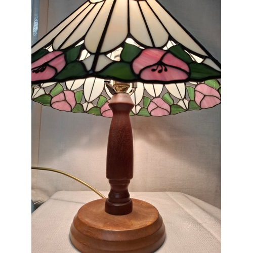 13 - Beautiful Vintage Tiffany Style Lamp, Wooden Base,  Unique Shape Shade. Function Tested