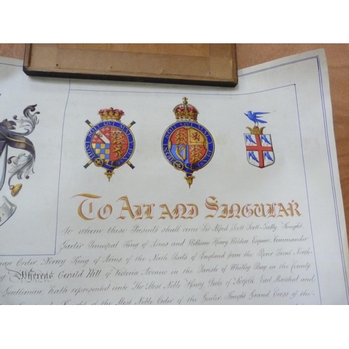 154 - COLLEGE OF ARMS.  Signed illuminated manuscript Grant of Arms on vellum to Gerald Hill, with tw... 