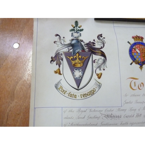 154 - COLLEGE OF ARMS.  Signed illuminated manuscript Grant of Arms on vellum to Gerald Hill, with tw... 