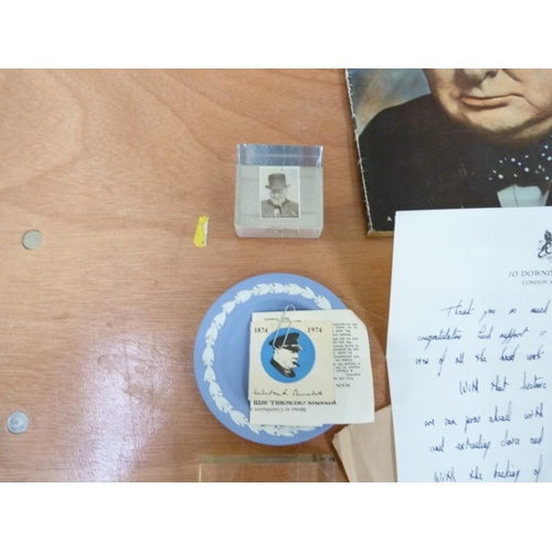 157 - <strong>CHURCHILL W. S.  </strong>A collection of ephemera incl. coins, a Wedgwood pin tray & va...