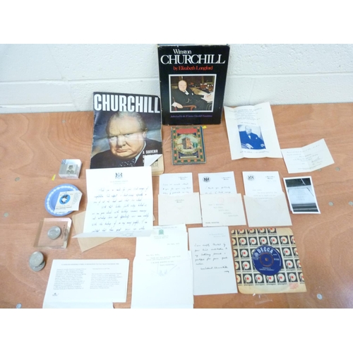 157 - <strong>CHURCHILL W. S.  </strong>A collection of ephemera incl. coins, a Wedgwood pin tray & va...