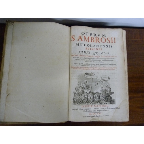 98 - SAINT AMBROSE, BISHOP OF MILAN. Operum S. Ambrosii. Lubricated title with vignette. Rebacked vellum ... 