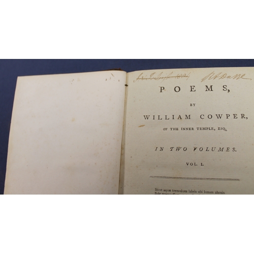 233 - COWPER WILLIAM.  Poems. 2 vols. Calf, rubbing. 1794.