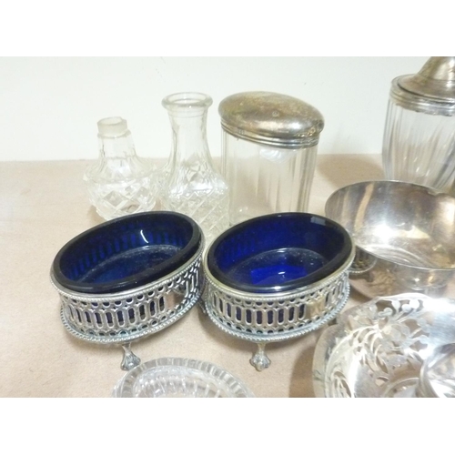 113 - Silver mounted glass mustard pot, 1802, a similar toilet jar and various glass and e.p. items.