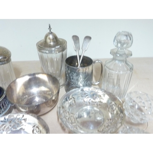 113 - Silver mounted glass mustard pot, 1802, a similar toilet jar and various glass and e.p. items.