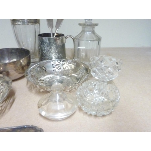 113 - Silver mounted glass mustard pot, 1802, a similar toilet jar and various glass and e.p. items.