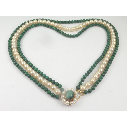 118 - Necklace with malachite and cultured pearls on similar oval 9ct gold snap.