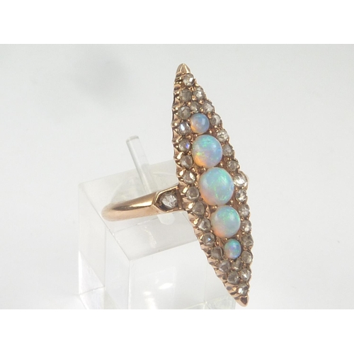 20 - Finger ring of navette shape with five graduated opals and rose diamonds probably 9ct gold. Size 'N ... 