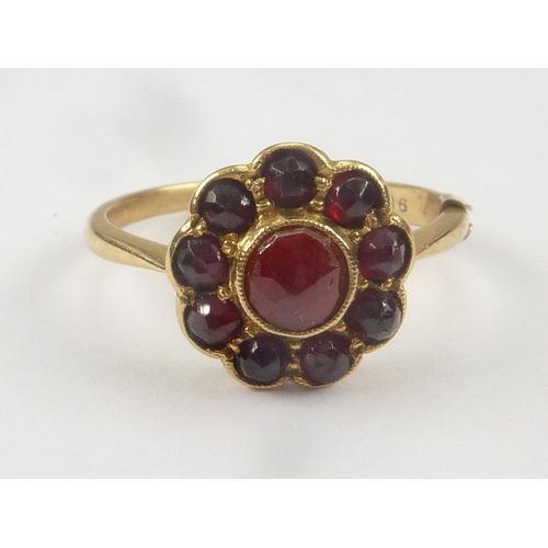 34 - Garnet cluster ring in gold and a 9ct signet ring. (2).