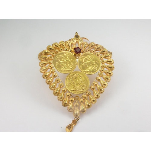 36 - Indian gold heart pendant with three coins '21'.