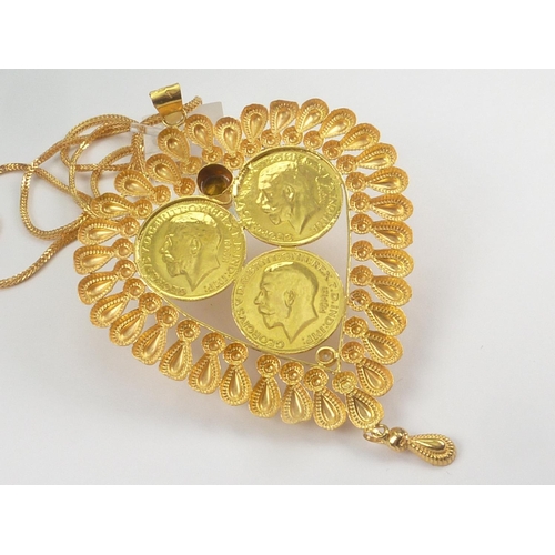 36 - Indian gold heart pendant with three coins '21'.