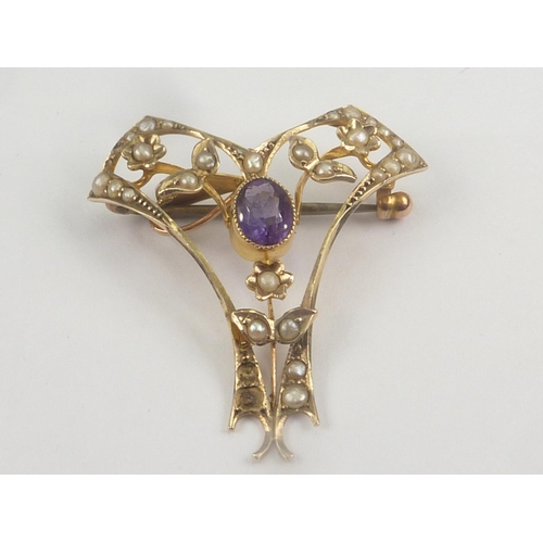 54 - Victorian gold and pearl double heart brooch, two similar pendants with amethysts and a Georgian mou... 