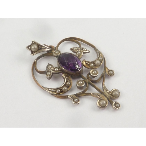 54 - Victorian gold and pearl double heart brooch, two similar pendants with amethysts and a Georgian mou... 