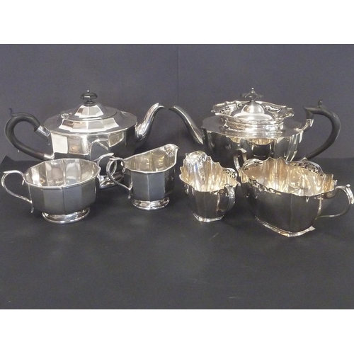 66 - E.p. three piece tea set of polygonal form and another with pierced edges.