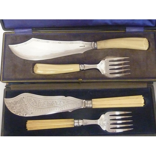 67 - Four e.p. fish servers cased, another pair, other cutlery and a pair of vases.