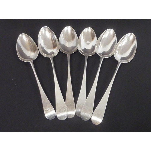 92 - Set of six table spoons, initialled G M H by Benjamin Mountigue 1790.