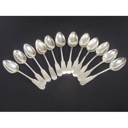 95 - Set of twelve silver tea spoons, fiddle pattern, initialled, by W & P Cunningham Edinburgh 1824.