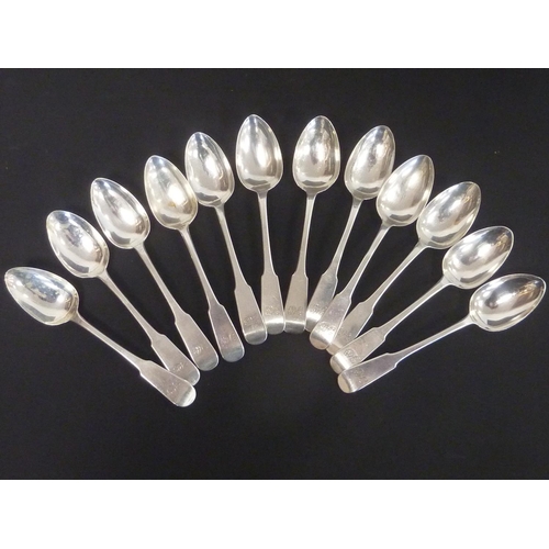 95 - Set of twelve silver tea spoons, fiddle pattern, initialled, by W & P Cunningham Edinburgh 1824.