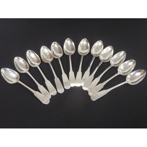 95 - Set of twelve silver tea spoons, fiddle pattern, initialled, by W & P Cunningham Edinburgh 1824.